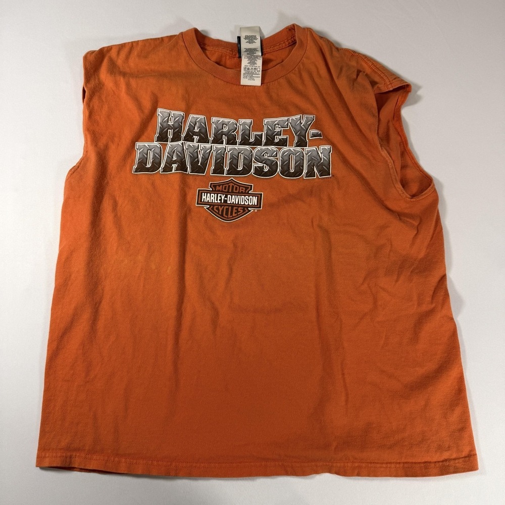 Harley-Davidson Shirt Mens XL Orange Sleeveless Graphic Tee Biker Motorcycle